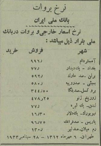 تصویر باورنکردنی از جدول قیمت دلار، یورو و ... در  ۹۰ سال پیش