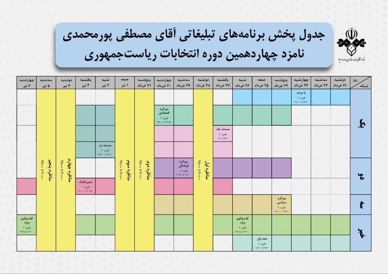 مسعود پزشکیان فردا به تلویزیون می آید | پورمحمدی چهارشنبه «با مردم» حرف خواهد زد | اولین برنامه تبلیغاتی سعید جلیلی چه روزی است؟ + جدول